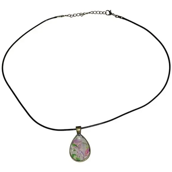 Handmade Acrylic Skin Pendant Necklace Teardrop Pink Green White Silver Black - Picture 3 of 4